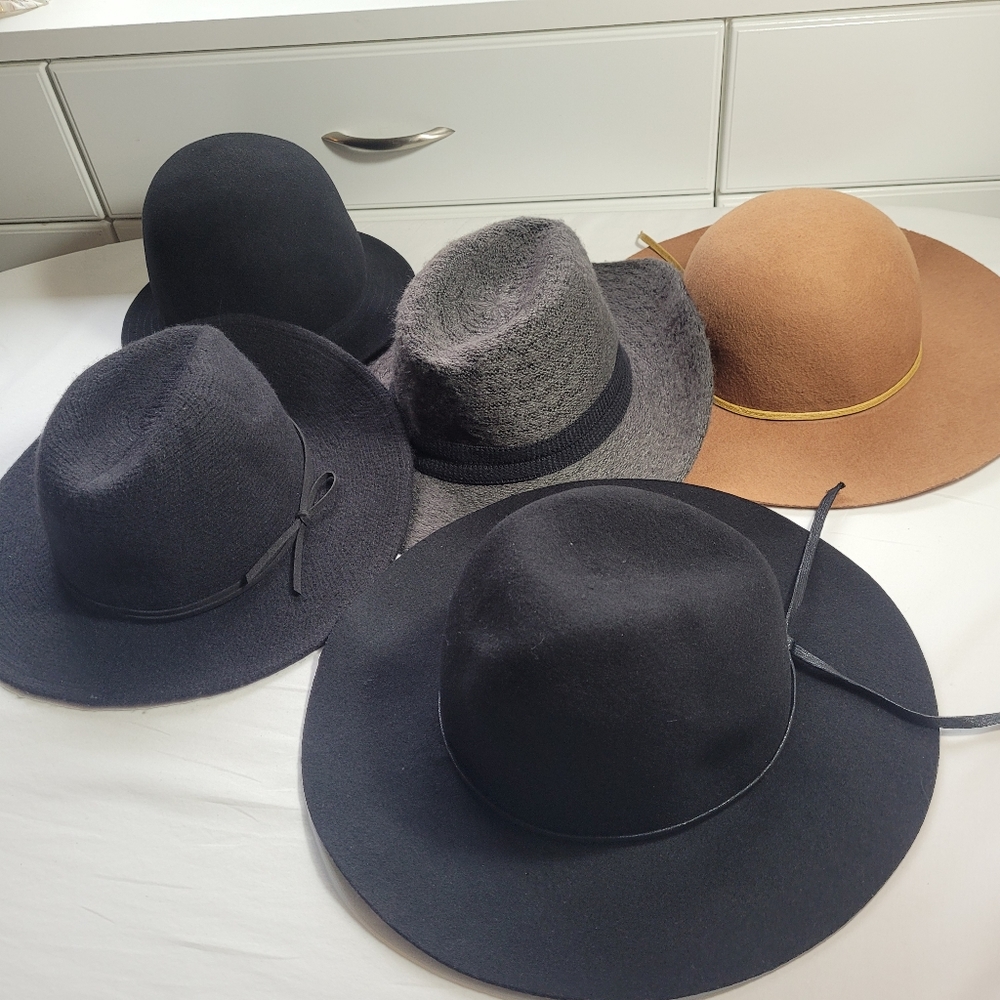 Five Hat Lot Felt Wool Floppy Witchy Bowler Wide-Brim